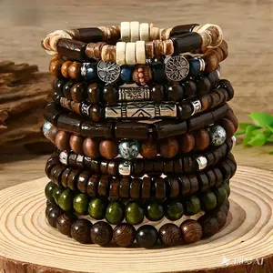 10pcs Ethnic Vintage Multi Layer Wooden Beads Life Tree Beaded Bracelets For Men Jewelry Accessory Gifts for Party