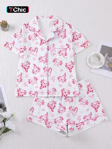 Women's Spring Summer Pyjama Set, Cute Dragon Print, Comfortable Shirt Collar Short Sleeve Top & Loose Elastic Shorts, Casual Home Wear
