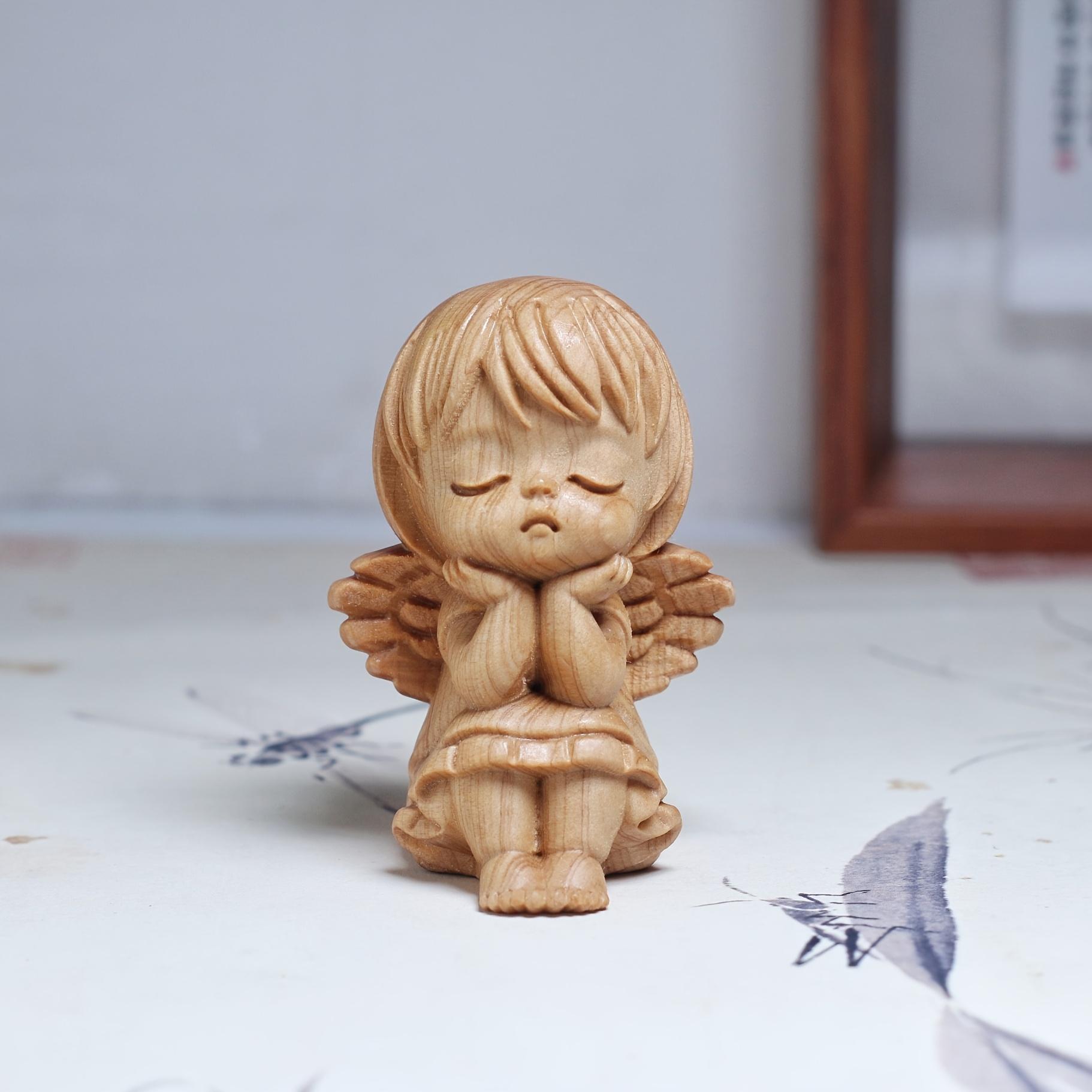 2Pcs Hand Carved Sandalwood Angel Figurines, Mini Winged Angel Statues, Home Desk Decor & Gift 2Pcs Hand Carved Sandalwood Angel Figurines, Mini Winged Angel Statues, Home Desk Decor & Gift