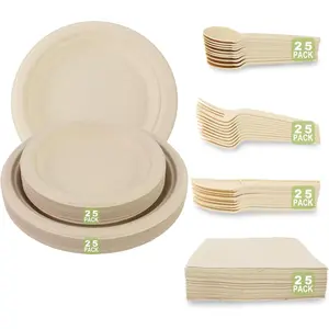 150 Piece (25 Sets) Biodegradable Paper Plates Set Disposable Heavy-Duty Eco Friendly Dinnerware Set,Include Plates,Forks,Knives,Spoons,Napkins for Birthday Camping Party Picnic BBQ