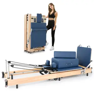 Pilates Reformer Machine,Oak Wood Home Pilates Equipment, Foldable Pilates Reformer with Reformer Box, Jump Board for Home Workouts and Body Exercises, Suits for Studio Gym Yoga