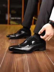Elegant Carved PU Leather Men Shoes, Closed, Above Ankle Polka Dot Design, Rubber Sole, Perfect for All Seasons, Gentleman Style Office