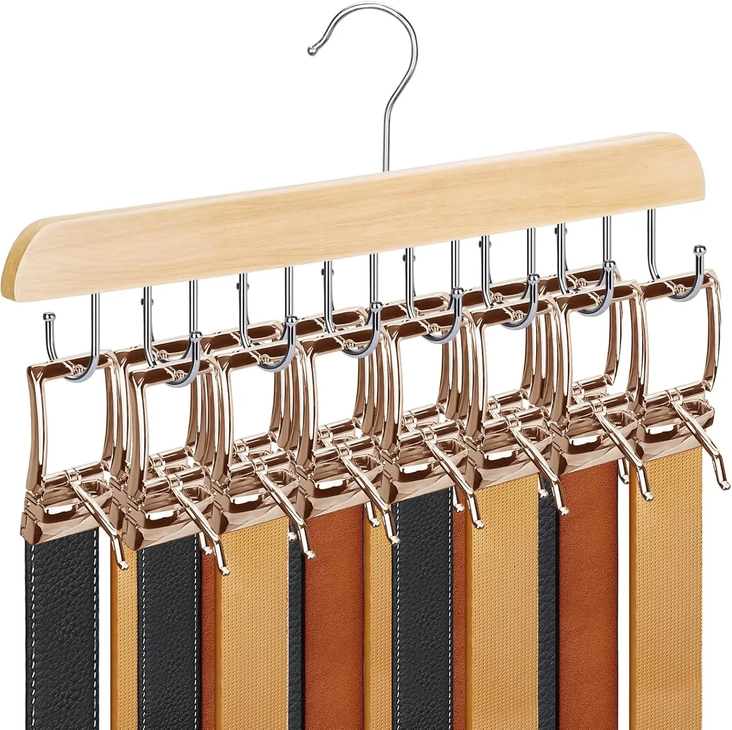 [New Deal] Natural Wooden Belt Hanger, 360° Rotating Double-Sided Hanging Organizer with 14 Hooks & Clip, Lightweight Foldable Sturdy Home Organizer Space Saver (Wooden Hangers for Belt Storage)
