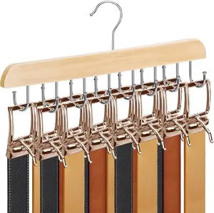 [New Deal] Belt Hanger Natural Wooden Belt Organizer 360° Rotating Tie with 14 Hooks for Storage & Sturdy Belt Holder Space Saver with Clip