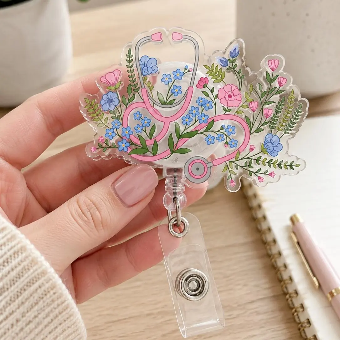 Floral Stethoscope Badge Reel, Acrylic Retractable ID Holder, Nurse Doctor Badge Clip, Cute Medical Worker Gift, Pink Blue Flowers