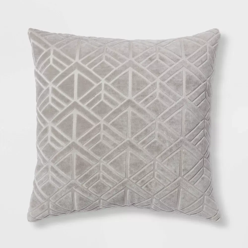 Euro Carved Velvet Jacquard Decorative Throw Pillow Gray - Threshold: Indoor Square Cushion Knife Edge OEKO-TEX Certified