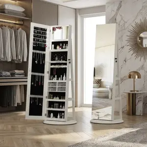 360° Rotating Jewelry Cabinet with Full Length Mirror, Lockable Organizer with LED Lighting, Vanity Mirror & Large Storage Shelves – Holiday Special