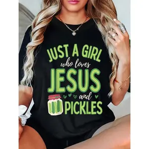 🥒[Graphic Tee] "Just A Girl Who Loves Jesus And Pickles" Funny Cute T-Shirt| Christian Faith & Foodie Humor Tee| Unisex Short Sleeve Casual Cotton Top| Perfect Gift for Girls, Teens & Women| Viral TikTok Graphic Tee
