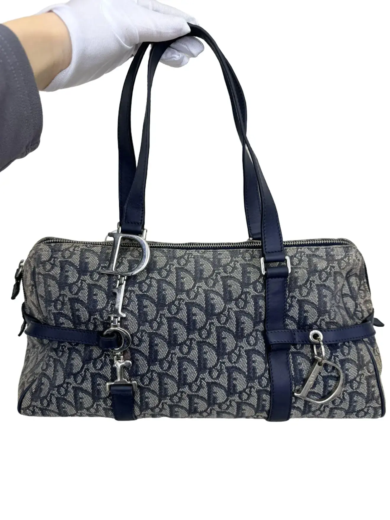 Pre-owned Dior Navy Oblique Jacquard Canvas Boston Handbag With D Charms/WJ03210007/0007