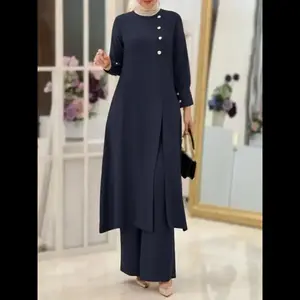 Two-Piece Set Women's Solid Color Button Split Hem Longline Blouse & Elastic Waist Pants, Casual Bishop Sleeve Keyhole Neck Top & Wide Leg Trousers for Fall & Winter, Women's Clothes for Daily Wear Womenswear Blue