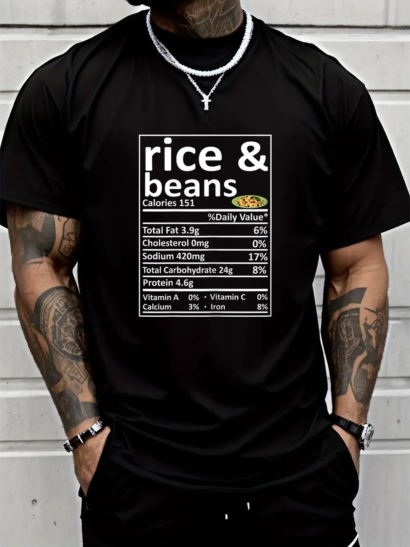 100% cotton Rice Beans Nutrition Food Facts Thanksgiving Costume Gifts T-Shirt Printed T-shirt, Short-sleeved Crew Neck Casual Top, Suitable For All Seasons, Men's Wear
