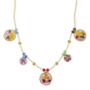 Resin, Multi Color Glass Necklace with Dry Flowers Filled Round Charms in Goldtone 20-22Inches