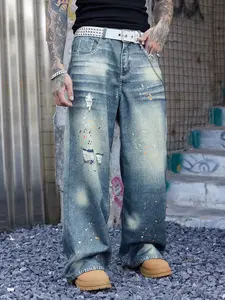 Men's Vintage Distressed Loose Fit Denim Jeans, Elastic Waist Straight Leg Long Pants, Spring Fall Streetwear Street Skate Casual Trousers, Polyester Fabric