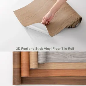 1Roll/3D Peel and Stick Vinyl Floor Tile Roll Wood Plank Sticker, Wood Grain Pattern, for Home Apartment Room Self Adhesive Easy DIY Removable Waterproof Thicken Floor Covering Wood