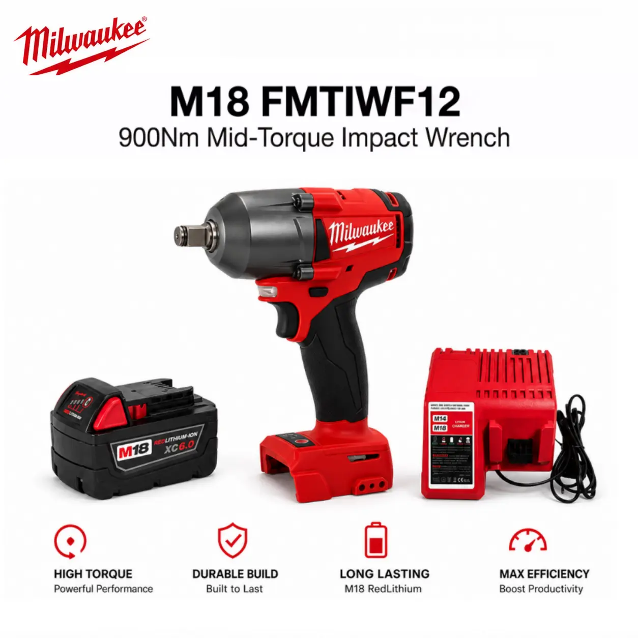 Milwaukee M18 FMTIWF12 18V Cordless Impact Wrench - 900Nm Torque, 1/2-in Square Drive, 3-Speed Control, Heavy-Duty Power Tool for Automotive Repair, Construction Workshop Operations driver friction screwdriver