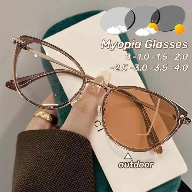 Myopia Eyeglasses for Men & Women, Cat Eye Frames with Photochromic Color-Changing Lenses, Affordable Fashion Eyewear