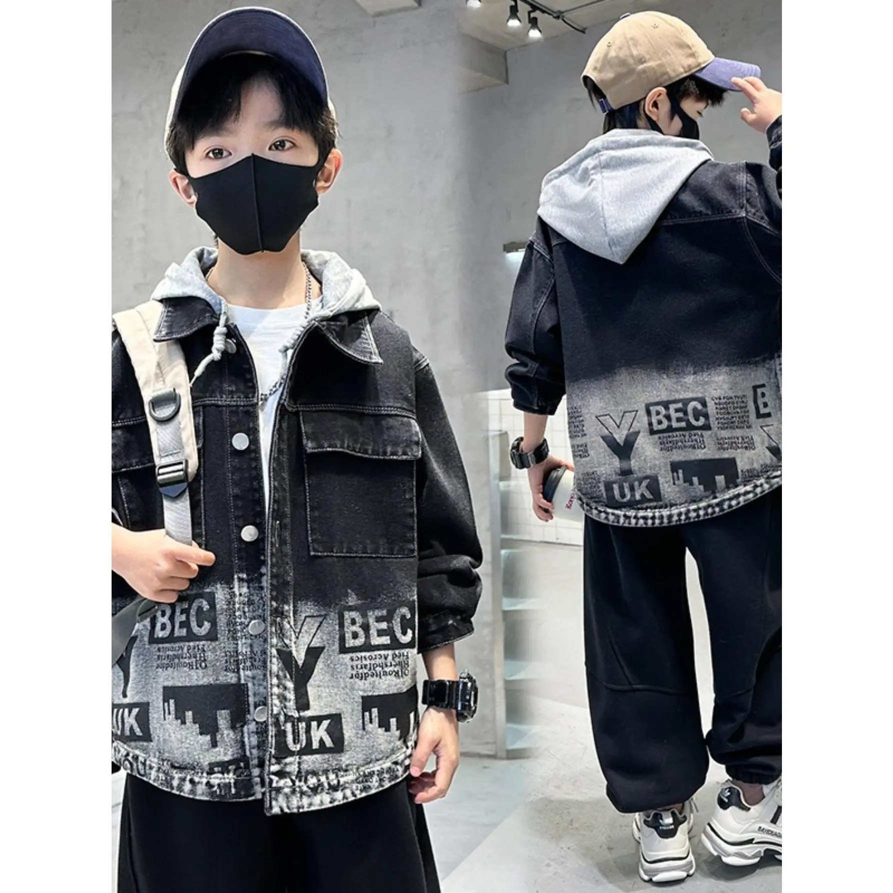 Boys' Polyester-Cotton Blend Denim Jacket, 1-Piece Casual Long Sleeve Coat, Collared Neck, Button Closure, Alphabet Pattern, Spring & Autumn Fashion, Easy Match, Basic, Sizes 9-10Y/11-12Y