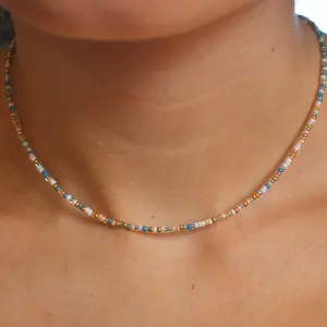 Ocean Cove Tiny Waterproof Beaded Necklace 2mm Seed Beads Adjustable Tarnish-Free Hypoallergenic Seed Bead Choker with 2" Extension Chain