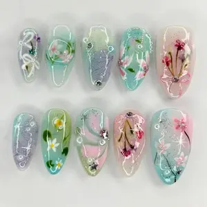 Hand-painted Flower Press On Nails, Wedding Nails, Custom Fake Acrylic Nails, 3D Press On Nail, Unique Spring Nails, Glitter Almond Nail Set