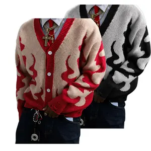 2pack Mens Y2K Red Flame Graphic Cardigan Sweater Distressed Grunge Streetwear Knit V-Neck Button Up Vintage Retro Knitwear Alt Opium Hip Hop Oversized Fall Winter Sweaters For Men Ripped Frayed Hem Unisex S-XXL Menswear Pullover Tops Fashion