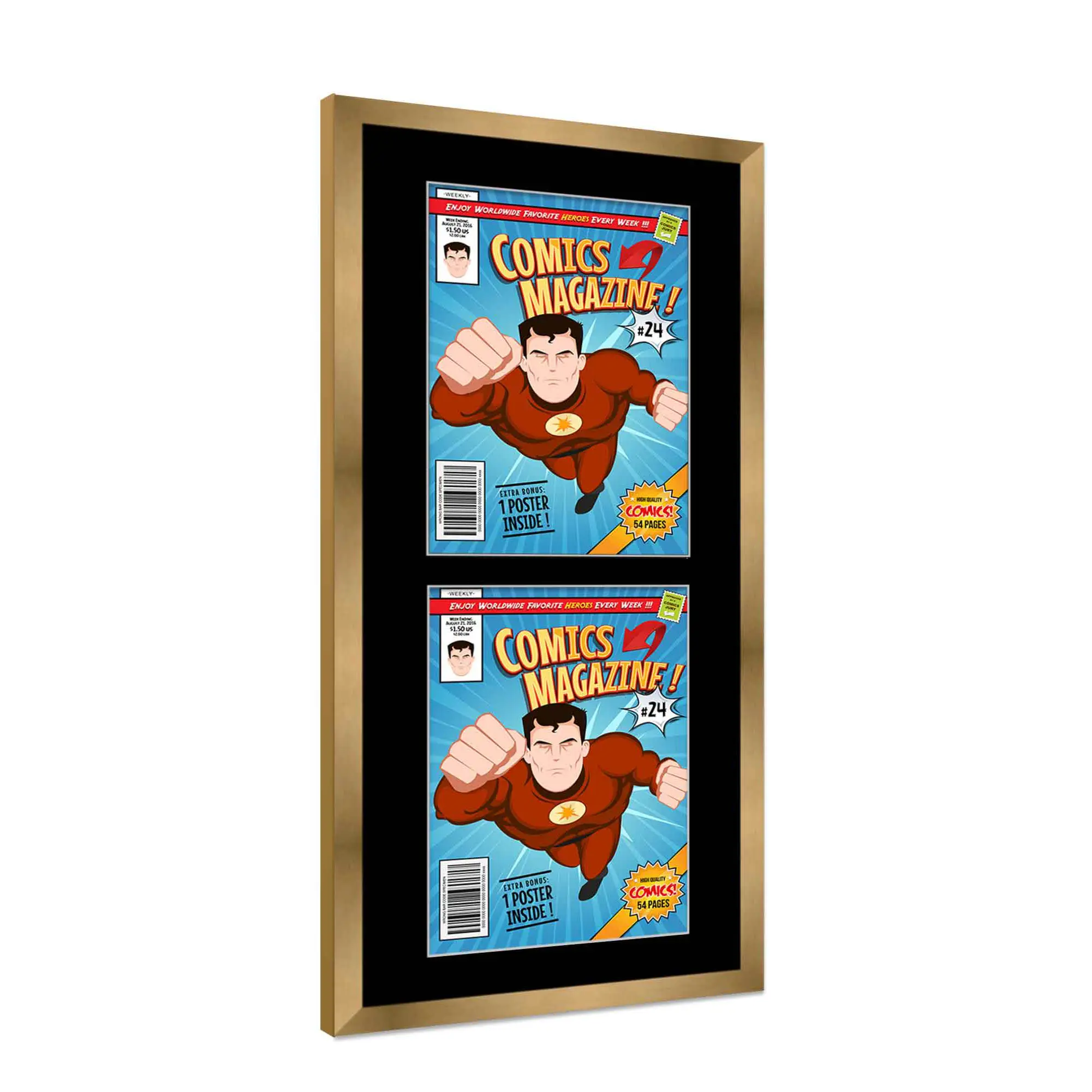 Comic Book Frame with Mat for 2 Current Era Comics Published After 1985 - Bronze Wood Comic Frame With Black Mat for 6.875x10.5 Comics - 11.25x24 Frame Size