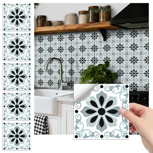 24PCS FHZ Light Blue-Black Minimalist Floral Geometric Retro Tile Stickers | PET Matte Peel & Stick Backsplash | Waterproof Oil-Proof Decor for Home & Office