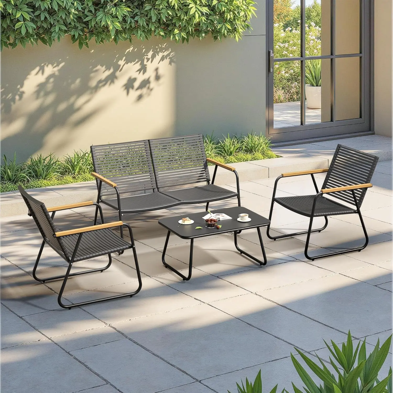 Patio Furniture Set, Compact Outdoor Conversation Set with Loveseat, 2 Chairs and Glass Table, Weather-Resistant for Apartment Patio, Small Spaces, Balcony, Backyard Rattan Conversation Sets