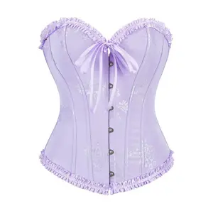 Strapless overbust corset bustier shapewear with ruffles and lace for a masquerade, designed to be worn as outerwear, featuring a beautiful back and front button closure for women.