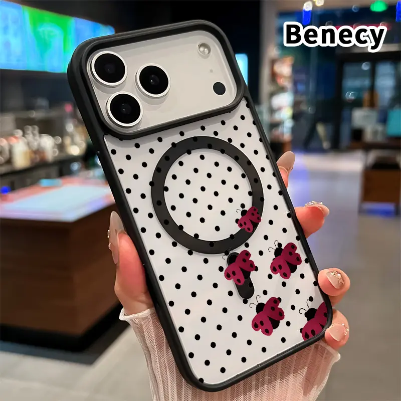 Magnetic Smartphone Casing for iPhone 17,16 Pro Max Plus,15,14,13,12,11,Air - E Ladybug Polka Dream Pattern, Non-Yellowing Silicone Transparent Acrylic, Drop Protection for Handheld Devices, Wireless Charging Support Cover, Accessories