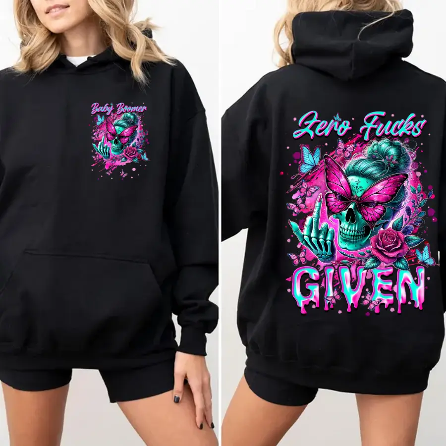 Custom Generation Skull Butterfly Hoodie, Zero Fucks Given Hoodie Gen X Baby Boomers Millennial FAFO Hoodie, Raised on Hose Water and Neglect Two-Sided Design Women and Men Hoodie Casual Classic Fit