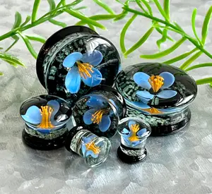 PAIR of Unique Floating Blue Flower Pyrex Glass Glow the the Dark Double Flare Plugs - Gauges 0g (8mm) through 1" (25mm)