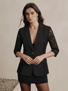 Lace Patchwork Blazer Jacket, Half Sleeve Transparent Design, Single Button Slim Fit, Commuter Date Night Chic Style