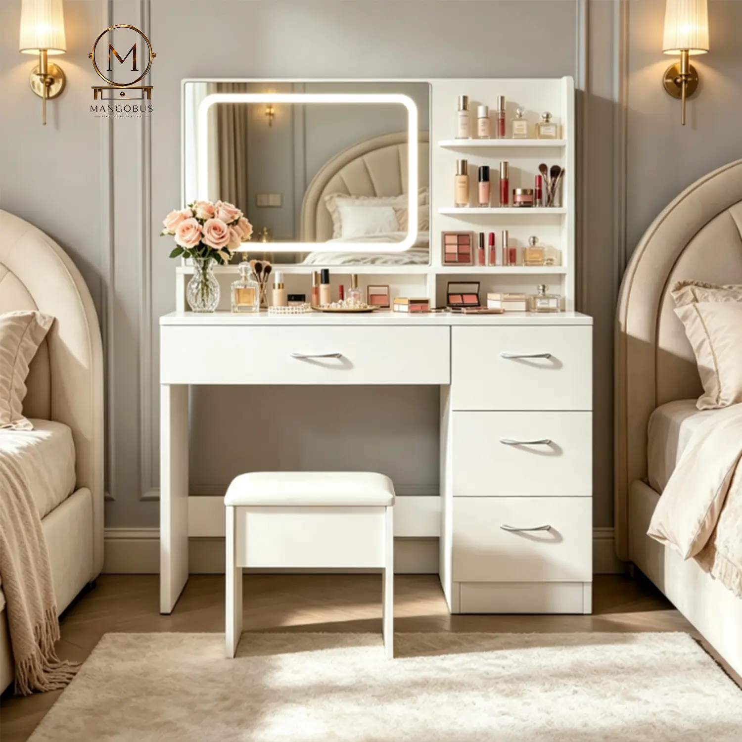 Modern Makeup Vanity Set - White Indoor Furniture with Warm LED Lighting, Lighted Mirror, Built-in Light Bar, Upholstered Stool, Drawers, Storage, MDF & Glass, 2 Standard Plug Outlets, USB Ports for Beauty Organization