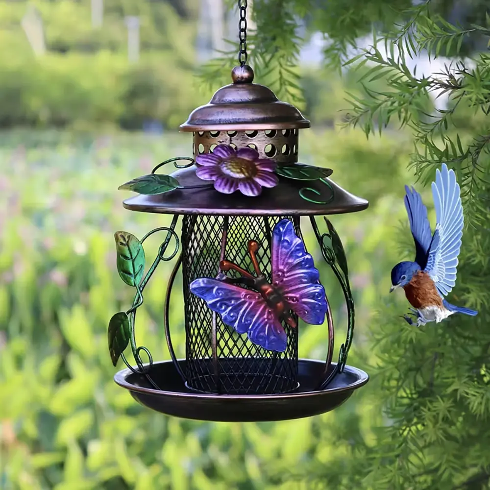 Outdoor Hanging Bird Feeder with Hook Iron Mesh, Wild Bird Feeder with Dragonfly and Flower Patterns, Garden or Yard Use, Metal Bird Feeders, Bird Feeders for Outdoors Hanging