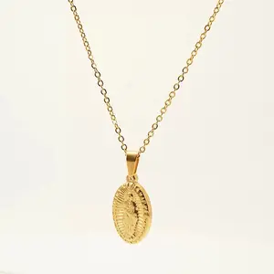 Oval Virgin Mary Pendant necklace 18k Gold Plated, Stainless Steel Jewelry Catholic Christian Protection Perfect Valentine’s Gift for Women