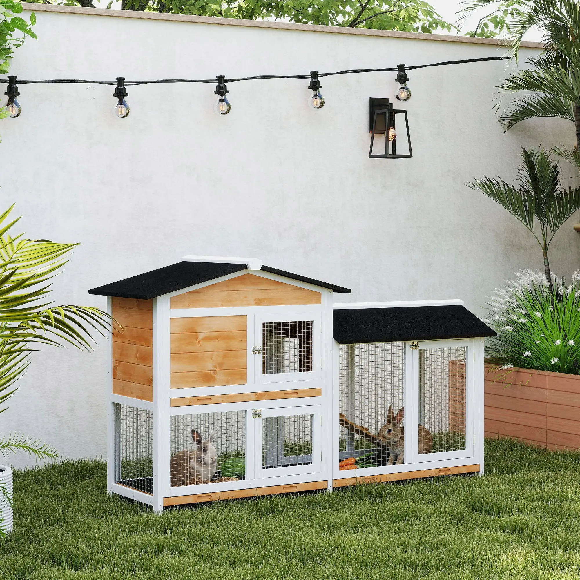 62" L x 20.75" W x 36.75" H Wooden Rabbit Hutch - Outdoor Small Animal Habitat with Mesh Run Area, Easy to Clean, End-to-End Roof for Rabbits & Guinea Pigs