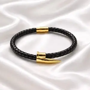 Gold Stainlees Steel Nail Braided Leather Mens Bracelet