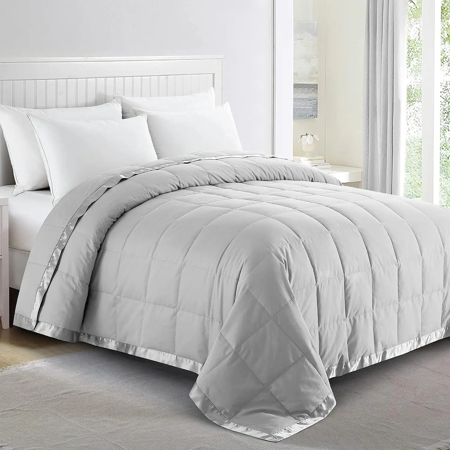 (R) Blankets  Size - Soft Lightweight Down Blanket for  Seasons, Cozy Warm Luxury Bed Blanket with Satin Trim, Cotton Cover, Light Grey (108"X90")