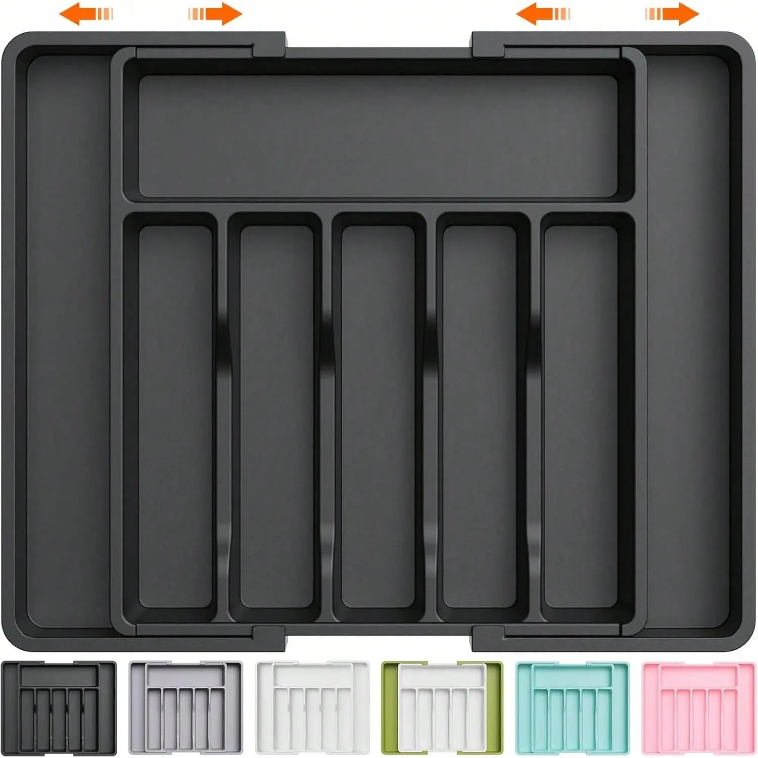 Black Rectangle Expandable Silverware Drawer Organizer - Large Buckle-Equipped, BPA-Free Plastic, Smooth Durable Foldable Adjustable Cutlery Holder (22.4x15x2 in) for Kitchen Spoons, Forks, Knives with Compartments