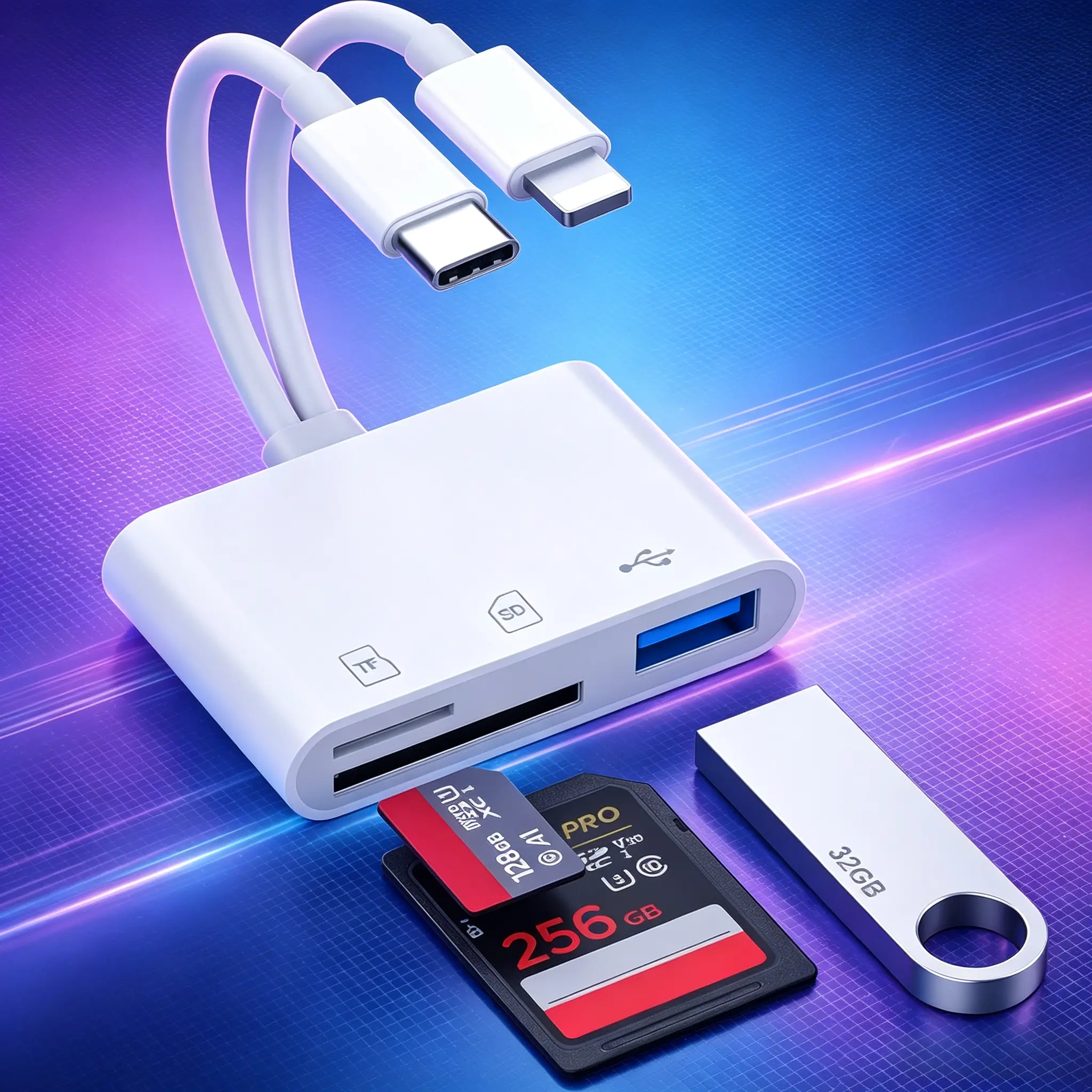 Aluminum/ABS Dual-Port Card Reader for iPhone & iPad - USB-C & Lightning, Supports SD & Micro SD, No App Required, Plug-and-Play, Instant Camera Photo/Video Transfer, Type-C Adapter for Photographers, Travel Tech Gadget, Dual Ports