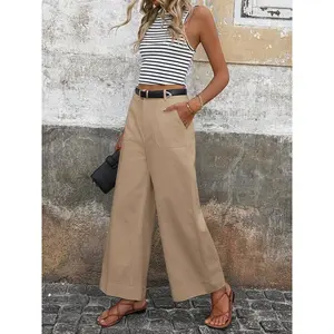 Women’s Solid Color High-Waist Wide-Leg Pants, Elegant Loose-Fit Trousers for Spring & Autumn, Thick Woven Fabric for Comfort
