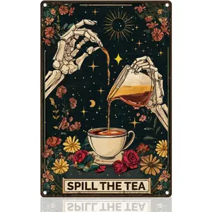 Tarot Skeleton Retro Wall Decor Metal Tinplate Sign Spill the Tea Vintage Wall Art Poster for Home Bar Kitchen Coffee Man Cave Garage Wall Decor Art Tinplate Sign Decoration Painting Ornaments Photo