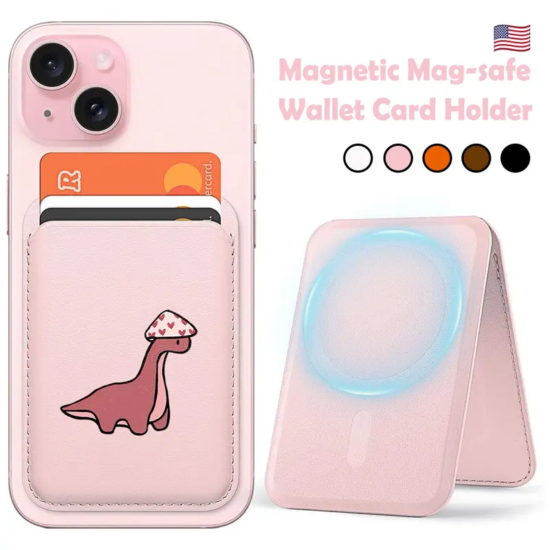 Magnetic PU Leather MagSafe Card Holder with Adjustable Stand, 1 Slot Fits 3 Cards, Cute Dino Mushroom Heads Design, Scratch-Resistant Fingerprint-Proof Phone Accessory for iPhone 12-16 Series, iPhone 14 Pro Max & MagSafe Cases, Phone Accessories Cellphon