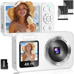 Digital Camera, 4K 64MP UHD Dual Screens Camera, 18X Zoom, Portable Small Point and Shoot Digital Cameras with 64GB TF Card, 2 Rechargeable  for , Teens, Adult, Selfies, Gifts- White