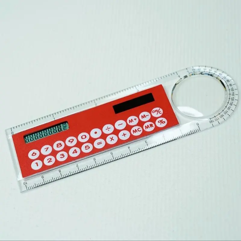 Mini ultra-thin ruler with solar calculator magnifying glass multi-function calculator school office supplies