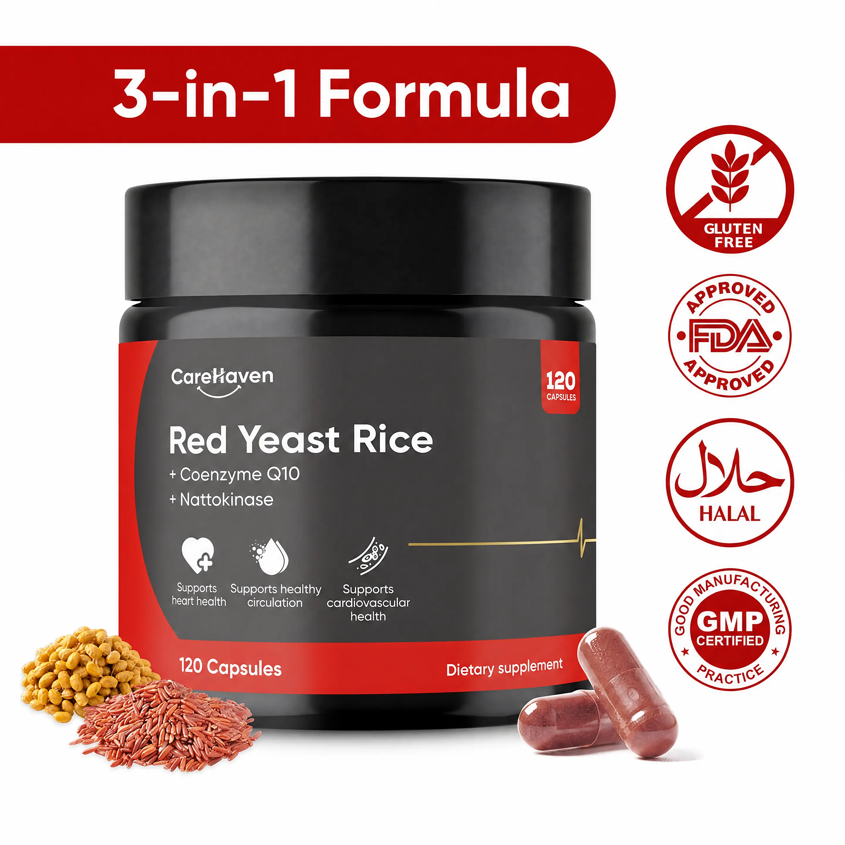 CareHaven Red Yeast Rice 1000mg Edible Capsules - Nattokinase, CoQ10 Vitamins, Citrinin-Free, Vegetarian, Gluten-Free Natural Herbal Supplement (CGMP-Compliant Facility) for Adult Heart & Cholesterol Support (120 Count) Father's Day Gift