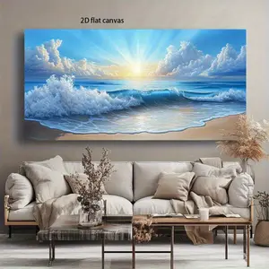 Seascape sunrise abstract painting framed, modern seaside style wooden frame bathroom kitchen bedroom living room decoration, bright beach scene home art, ready to hang and use,Decorative Ornaments Artistic Photo poster