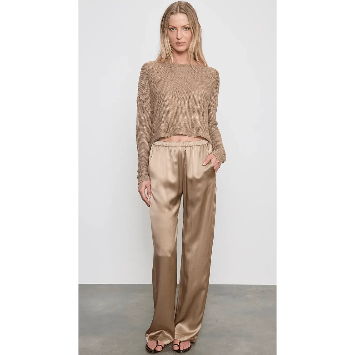 Enza Costa Linen Open Knit Bateau Sweater in Flax