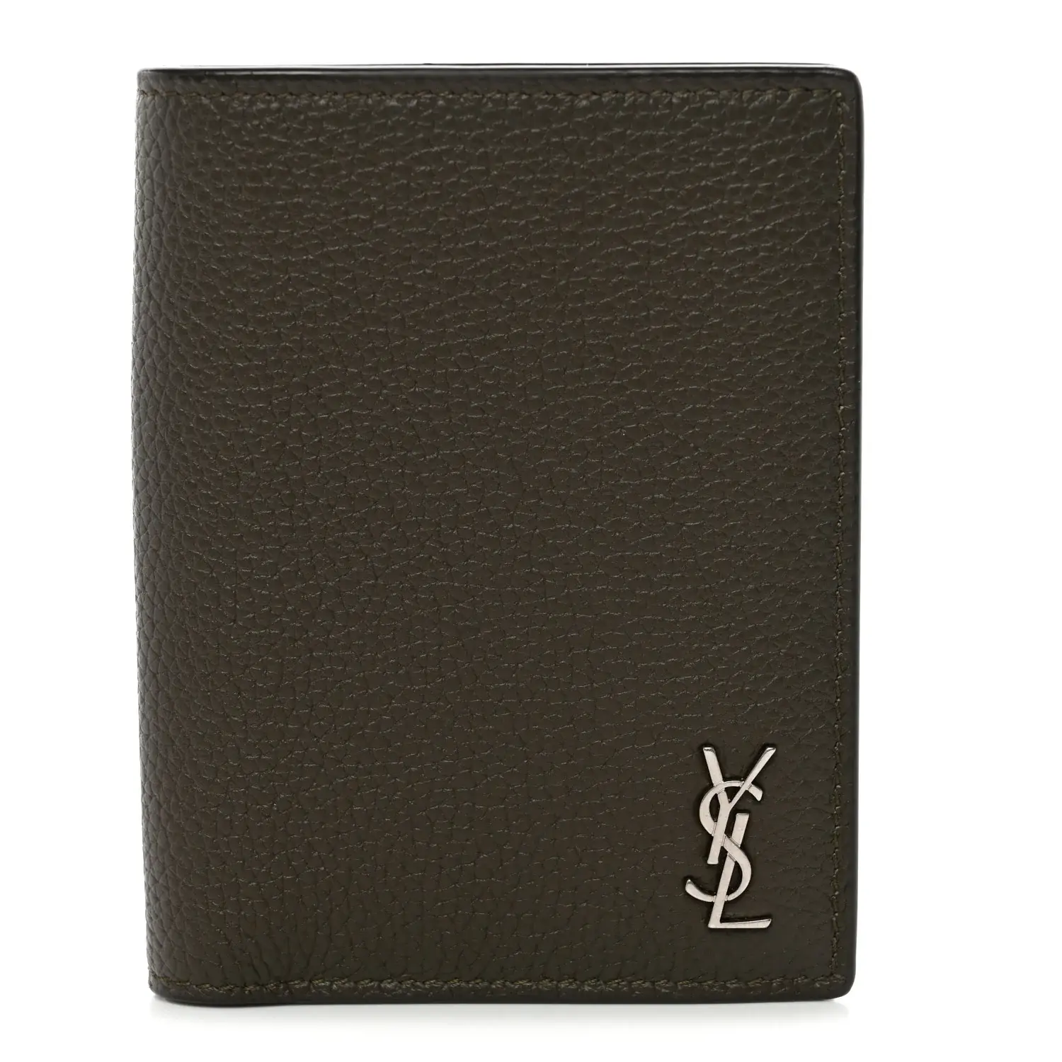 Pre-owned Yves Saint Laurent Leather Small Leather Goods Calfskin Techno Credit Card Wallet Dark Khaki