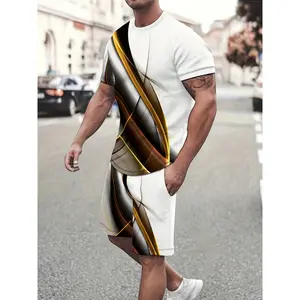 Summer Men's Set - Round Neck Short Sleeve T-shirt and Drawstring Shorts Two Piece High Definition Pattern, Outdoor Casual Fashion Sports Training Clothing, Suitable for Summer